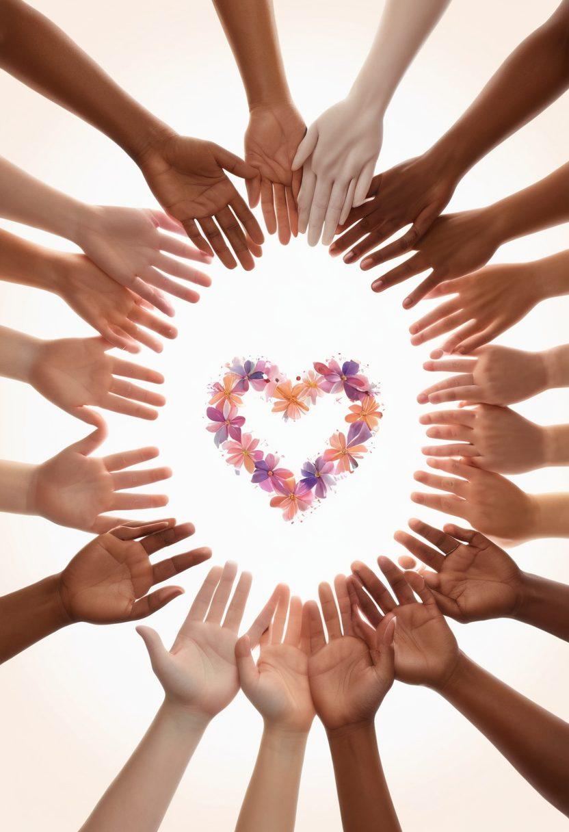 A diverse group of people united, symbolizing support and advocacy, holding hands in a circle. In the center, a glowing heart made of intertwined ribbons representing different cancer journeys. Soft pastel backgrounds with uplifting elements like flowers and sunshine. Faces filled with hope and determination. super-realistic. vibrant colors. white background.