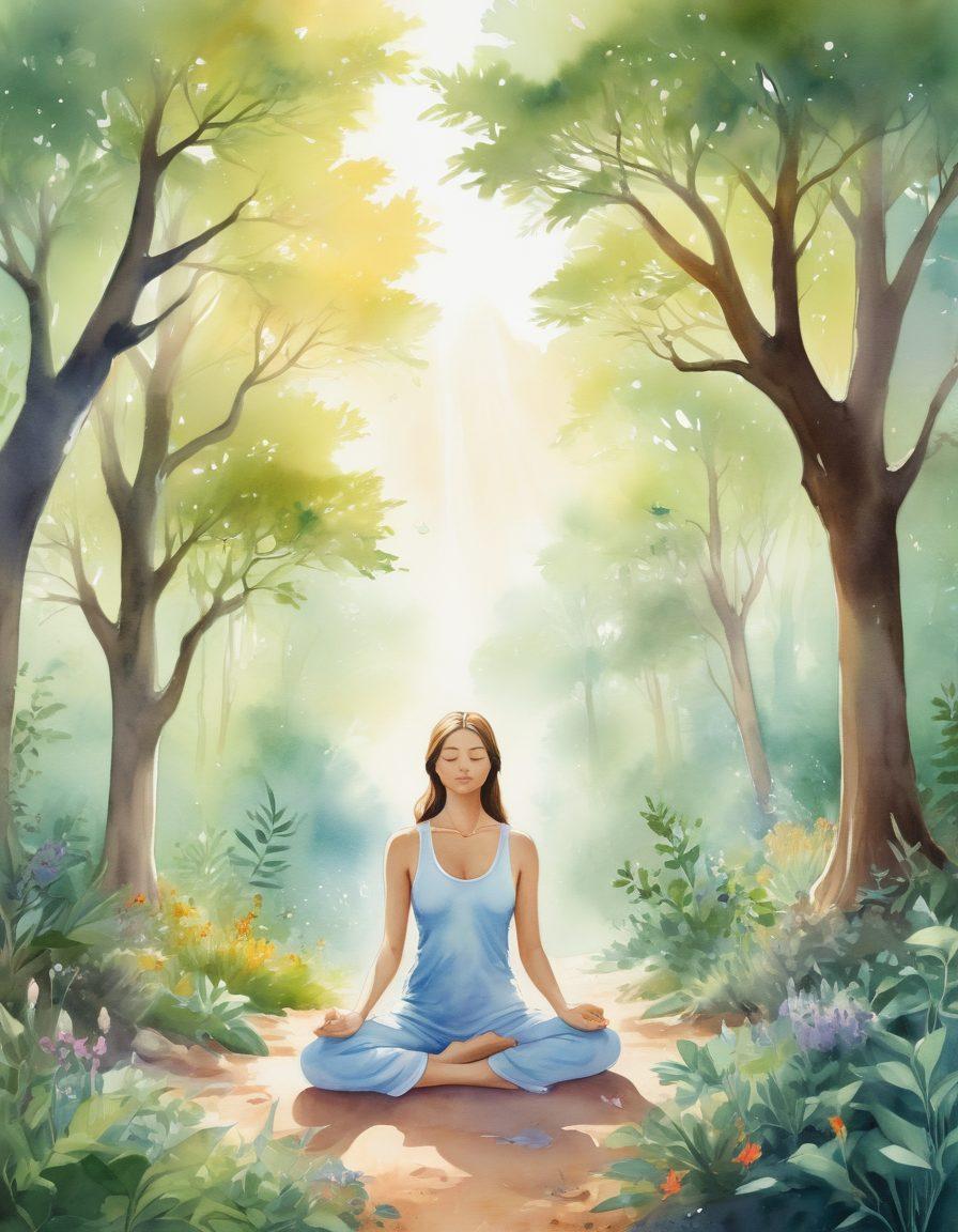 A serene landscape featuring a nurturing figure surrounded by symbols of holistic healing, such as herbal plants, crystals, and meditative elements. Soft, warm light filters through the trees, creating a calming atmosphere of hope and resilience. Include imagery of natural foods and gentle reminders of self-care, with a soothing color palette. watercolor painting. vibrant colors. soft focus.