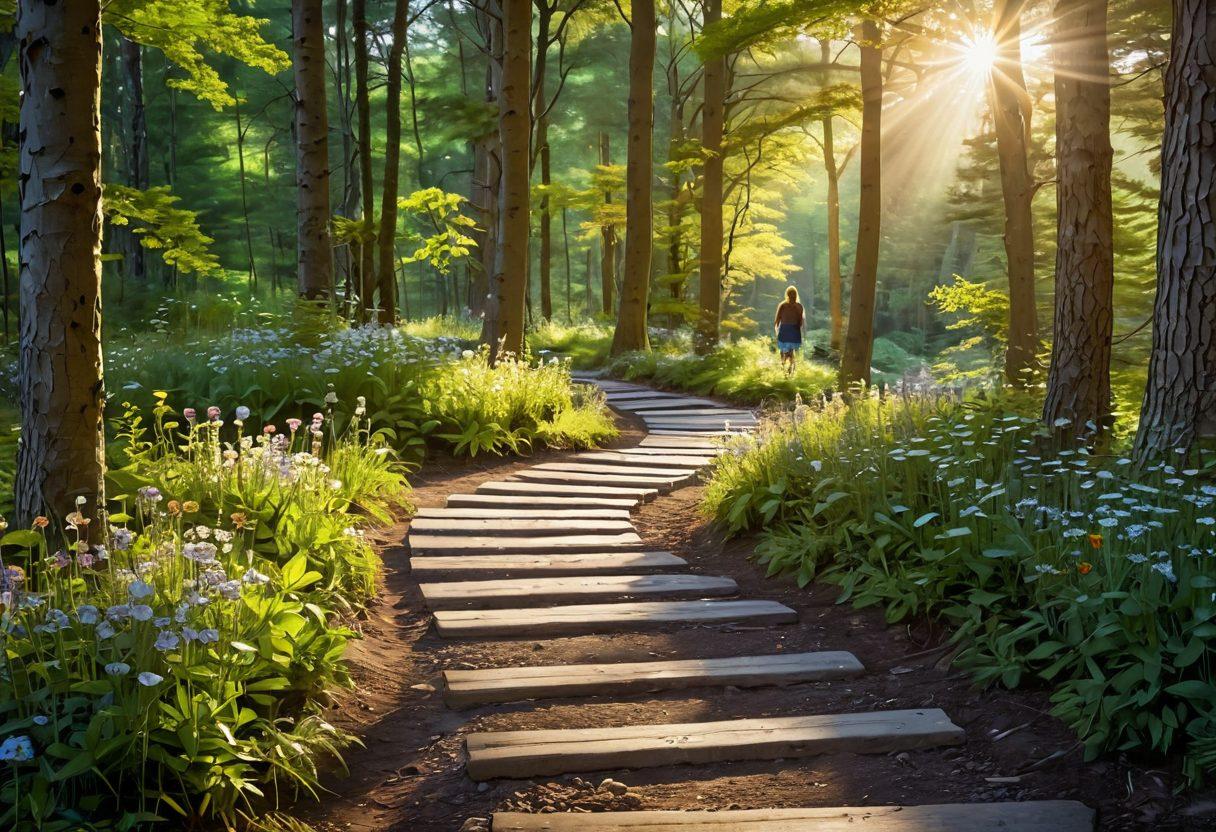 A serene path winding through a peaceful forest, symbolizing the journey of cancer survivors, lined with inspirational quotes on stepping stones. Gentle rays of sunlight filter through the trees, illuminating vibrant wildflowers to represent hope and wellness. Include a silhouette of a person walking confidently along the path, embodying resilience and strength. soft-focus effect. vibrant colors. nature landscape.